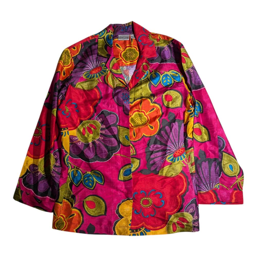 Vtg 1990s Chico's Pink Purple Bold Floral Print 100% Silk Button Up Blouse 1 M